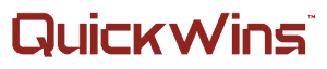 La imagen muestra la palabra "QuickWins" en negrita, en rojo, con una moderna fuente sans-serif sobre un fondo transparente.