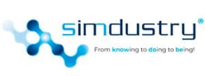 Logotipo de Simdustry con el diseño de una molécula azul a la izquierda y el eslogan "From knowing to doing to being!" a la derecha.