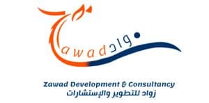 Logotipo para Zawad Development & Consultancy, con texto estilizado en árabe e inglés y un diseño abstracto en naranja y azul sobre el nombre de la empresa. También se incluye texto en árabe debajo.