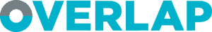Logotipo que muestra la palabra "OVERLAP" en letras turquesas en negrita; la "O" está dividida en tres segmentos de color: gris oscuro, gris claro y turquesa.